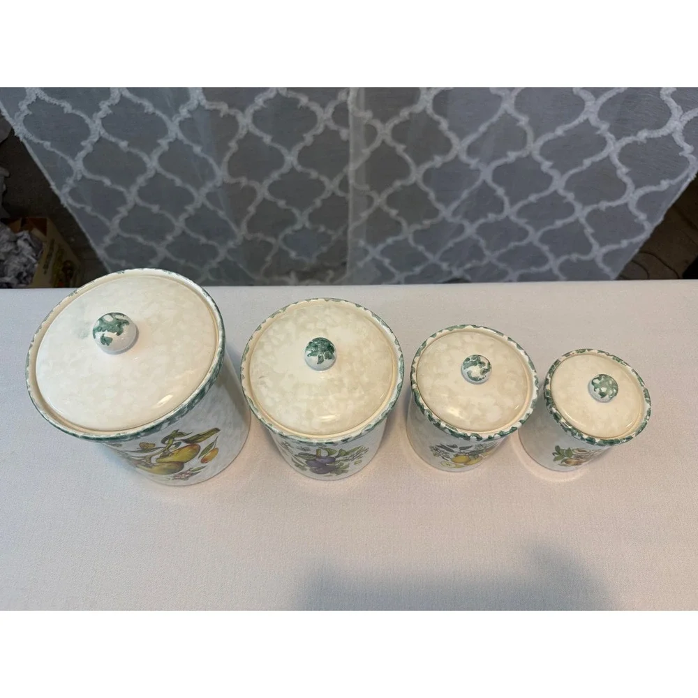 Vintage Himark Italy Ceramic Fruit Canister Set 4 Piece Green Trim Farmhouse